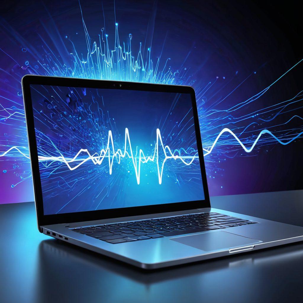 A dynamic composition showing a sleek laptop and a smartphone wirelessly transferring files, visualized by bright, glowing data streams connecting them. Include elements representing speed like motion lines and digital downloads icons. The background should be a gradient of blue to indicate technology and security. Ensure a modern and high-tech aesthetic. super-realistic. vibrant colors. 3D.