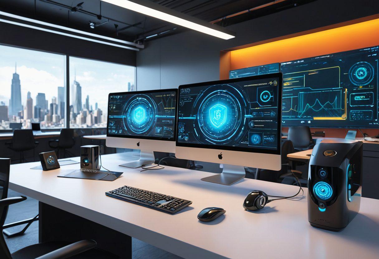 A sleek, modern workspace featuring a high-speed computer with download progress bars racing towards completion. Include visuals of locks and shields to represent security, along with digital data streams flowing in the background. The environment should have an energetic vibe, symbolizing quickness and efficiency. Use a vibrant color palette to convey excitement and technology. super-realistic. vibrant colors. high-tech elements.