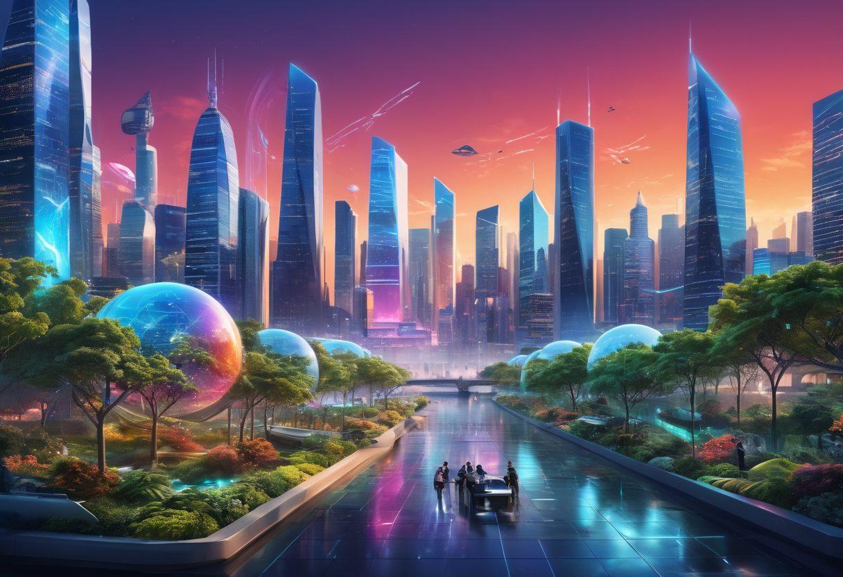 A futuristic landscape showcasing a diverse group of people interacting with various wireless media devices, such as holographic displays and smart glasses, all set against a vibrant, tech-inspired city skyline. Floating digital content icons and signals can be seen illuminating the scene to emphasize the digital theme. The atmosphere should reflect innovation and connectivity in a seamless manner, combining elements of nature and technology. super-realistic. vibrant colors. 3D.